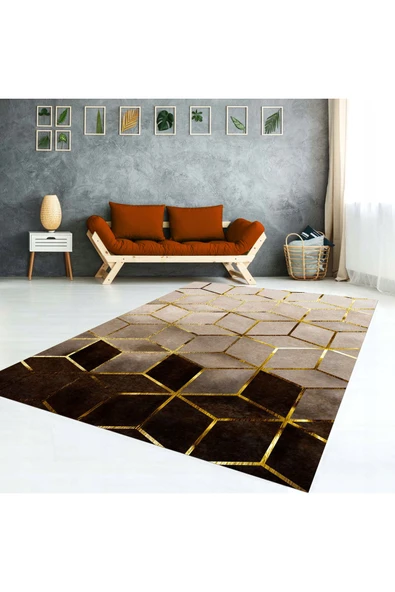 AACAP Gold Çizgili Kadife ,Modern Yıkanabilir, Lastikli Halı Örtüsü