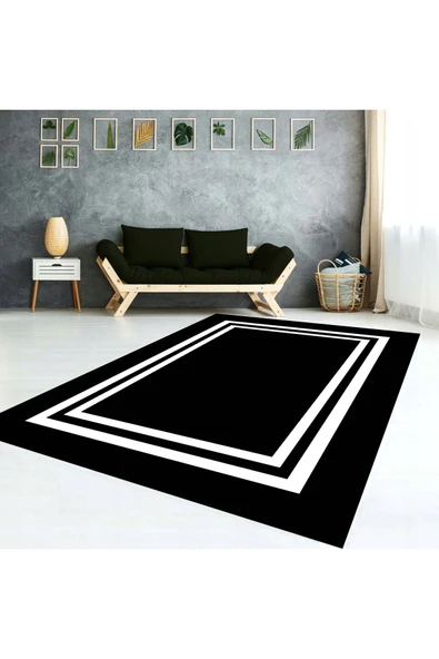 AACAP Şık Kare Siyah Beyaz Modern  Lastikli Halı Örtüsü ürün görseli 1