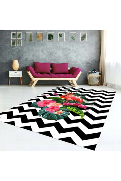AACAP Flamingo Desen Kadife ,Modern Yıkanabilir, Lastikli Halı Örtüsü
