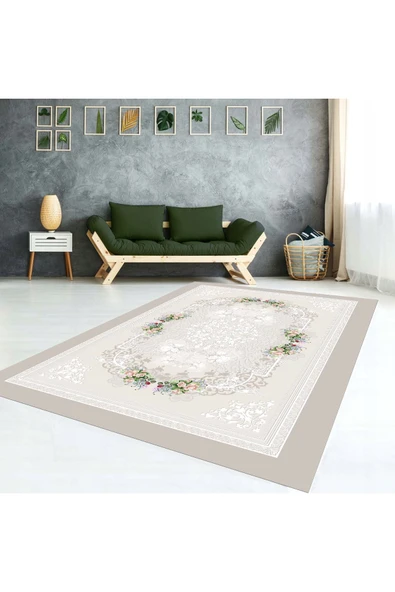 AACAP Çiçek Göbekli ,Kadife,Modern Yıkanabilir, Lastikli Halı Örtüsü