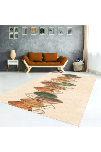 AACAP Renkli Yaprak Desen Kadife Yıkanabilir, Lastikli Halı Örtüsü