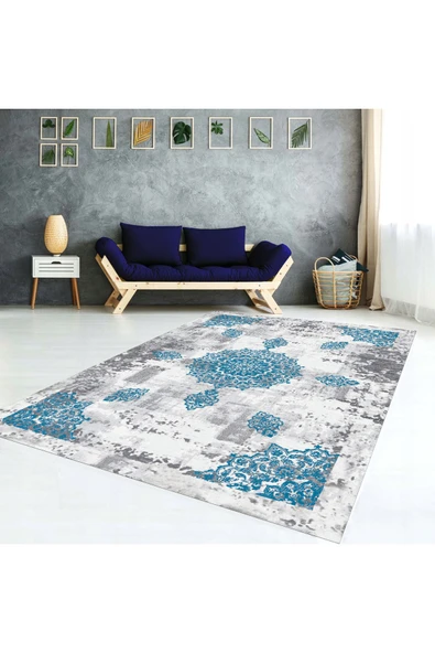 AACAP Mavi Göbek ,Modern Yıkanabilir, Lastikli Halı Örtüsü