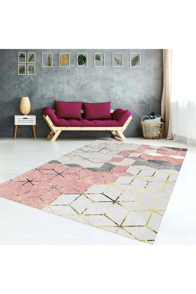 AACAP Pembe Petek Desen ,Modern Yıkanabilir, Lastikli Halı Örtüsü ürün görseli 1