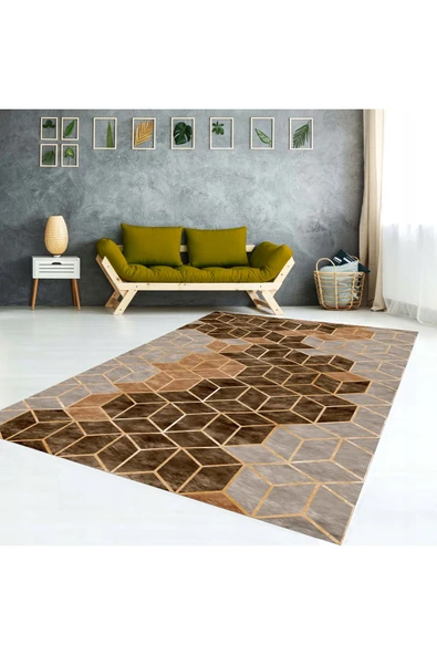 AACAP Kahverengi Petek Desen Kadife ,Modern Yıkanabilir, Lastikli Halı Örtüsü