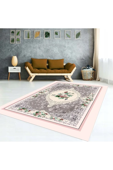 AACAP Pembe Gül Göbekli Yıkanabilir, Modern Lastikli Halı Örtüsü