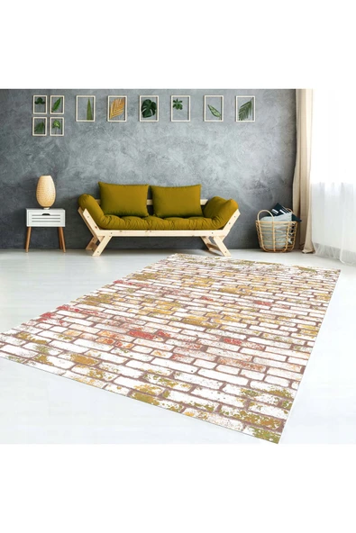 AACAP Tuğla Desenli Yıkanabilir, Modern Lastikli Halı Örtüsü