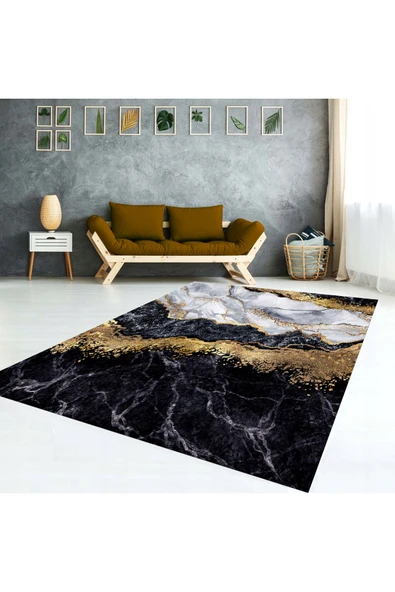 AACAP Siyah Mermer Desen Kadife ,Modern Yıkanabilir, Lastikli Halı Örtüsü