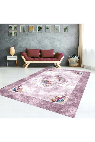 AACAP Pembe Kenarlı,Yıkanabilir,Lastikli  Halı Örtüsü