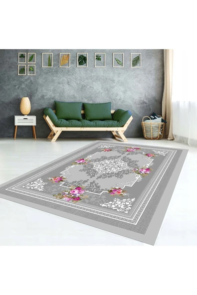 AACAP Gri Pembe Güllü Modern Halı Örtüsü