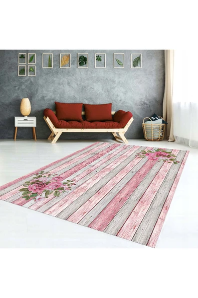 AACAP Pembe Çiçekli, Parke Görünümlü Kadife Lastikli Halı Örtüsü