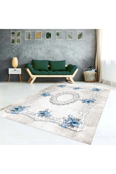 AACAP Mavi Çiçekli ,Kadife ,Modern Yıkanabilir, Lastikli Halı Örtüsü