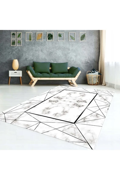 AACAP Gri Geçişli Mermer Detaylı ,Kadife ,Modern Yıkanabilir, Lastikli Halı Örtüsü