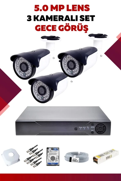 3 Kameralı Set - 5MP Sony Lensli Full Hd Gece Görüşlü Güvenlik Kamerası Sistemi - WG5IR4VRH6