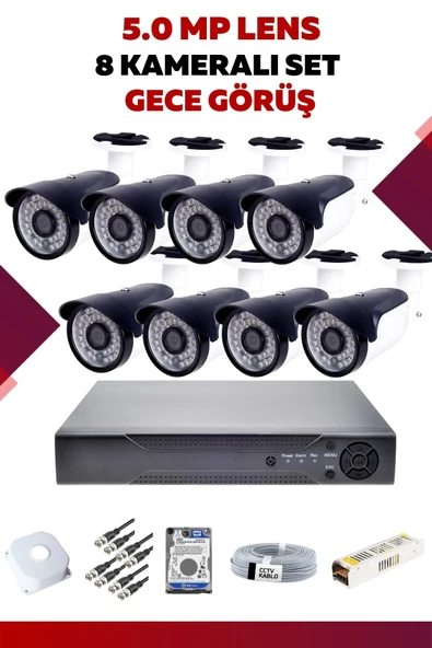 8 Kameralı Set - 5MP Sony Lensli Full Hd Gece Görüşlü Güvenlik Kamerası Sistemi - WXVCNZ76R0