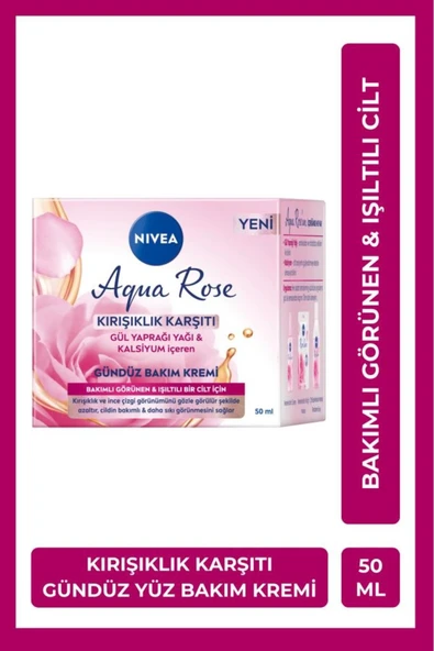NIVEA AQUA ROSE KIRIŞIKLIK KARŞITI GÜNDÜZ YÜZ BAKIM KREMİ 50ML, GÜL YAPRAĞI YAĞI, KALSİYUM İÇERİKLİ