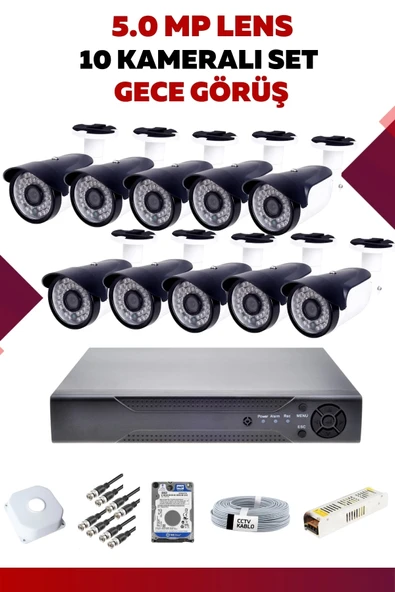 10 Kameralı Set - 5MP Sony Lensli Full Hd Gece Görüşlü Güvenlik Kamerası Sistemi - NCGDMTXHS1