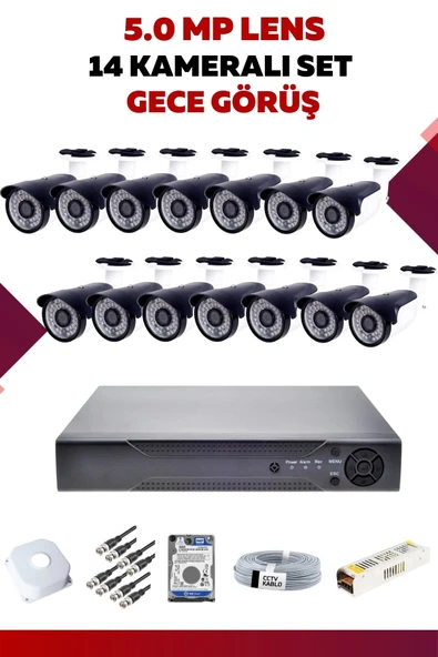 14 Kameralı Set - 5MP Sony Lensli Full Hd Gece Görüşlü Güvenlik Kamerası Sistemi - UGMBB0GXSC