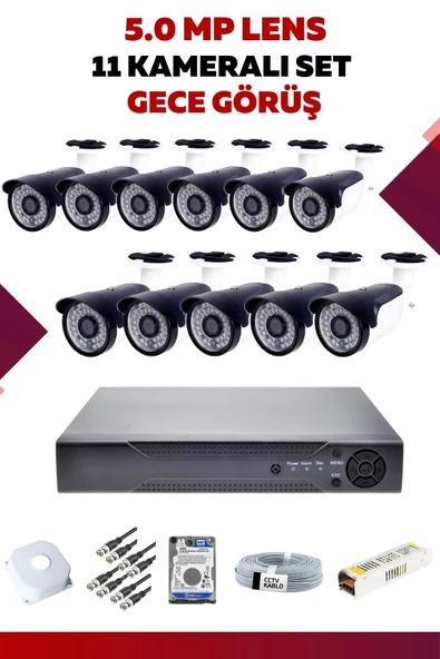 11 Kameralı Set - 5MP Sony Lensli Full Hd Gece Görüşlü Güvenlik Kamerası Sistemi - KDKTVAICWC