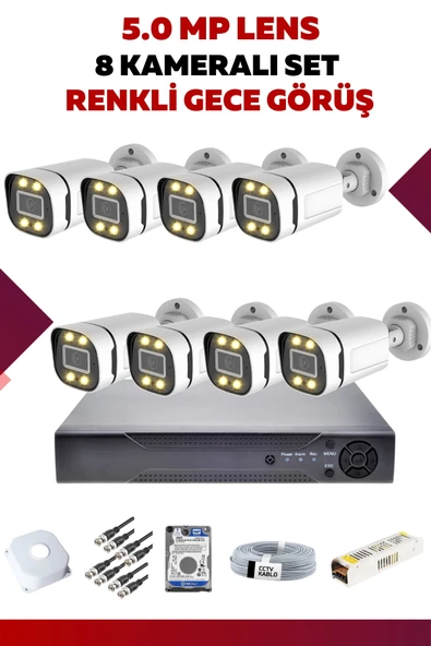 8 Kameralı Set - 5MP Sony Lensli Full Hd Renkli Gece Görüşlü Güvenlik Kamerası Sistemi -VSOR1WI3F1