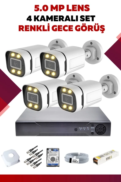 4 Kameralı Set - 5MP Sony Lensli Full Hd Renkli Gece Görüşlü Güvenlik Kamerası Sistemi - 7H2KYJ7YYB