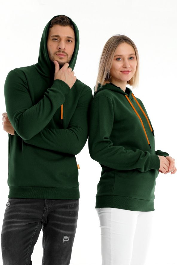 Basic Sweatshirt Kapüşonlu İçi Polarlı Yeşil Standart Kalıp