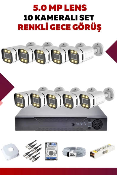 10 Kameralı Set - 5MP Sony Lensli Full Hd Renkli Gece Görüşlü Güvenlik Kamerası Sistemi KRZ62F9OSZ