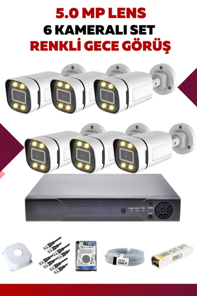 6 Kameralı Set - 5MP Sony Lensli Full Hd Renkli Gece Görüşlü Güvenlik Kamerası Sistemi - Y8RIW95G3V ürün görseli