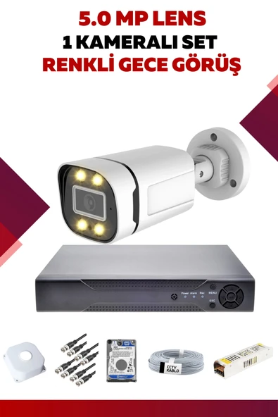 1 Kameralı Set - 5MP Sony Lensli Full Hd Renkli Gece Görüşlü Güvenlik Kamerası Sistemi - 16BCONFZGB