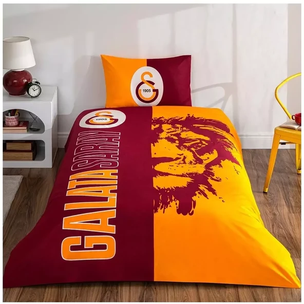 Taç Taraftar Lisanslı Ranforce (Gece Işıldayan) Çarşafı Lastikli Tek Kişilik Nevresim Takımı-Galatasaray Şanlı Aslan