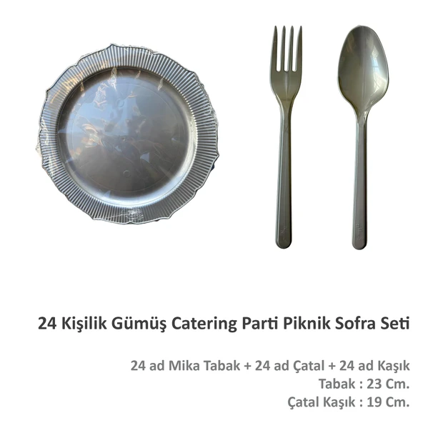 Omeyva Nişan Kına Piknik Gümüş Sorfa Seti - Sert Mika Plastik - 24 Kişilik Tabak Çatal Kaşık Takımı - Resim 2