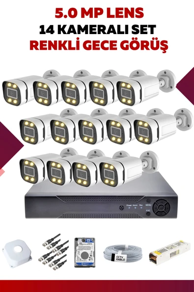 14 Kameralı Set - 5MP Sony Lensli Full Hd Renkli Gece Görüşlü Güvenlik Kamerası Sistemi 6ZQQEI66QM