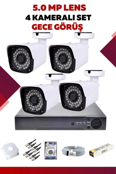 4 Kameralı Set - 5MP Sony Lensli Full Hd Gece Görüşlü Güvenlik Kamerası Sistemi - VAYG06079V