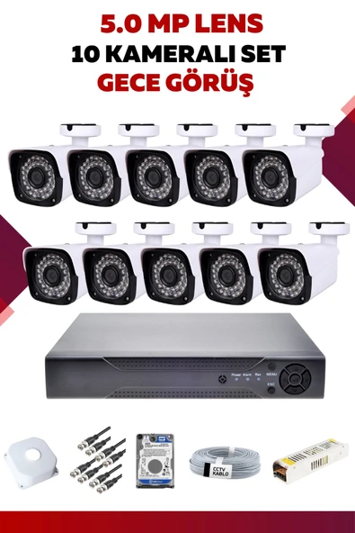 10 Kameralı Set - 5MP Sony Lensli Full Hd Gece Görüşlü Güvenlik Kamerası Sistemi - EOYX3RGSVB