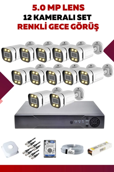 12 Kameralı Set - 5MP Sony Lensli Full Hd Renkli Gece Görüşlü Güvenlik Kamerası Sistemi E4I6WZLJ7F