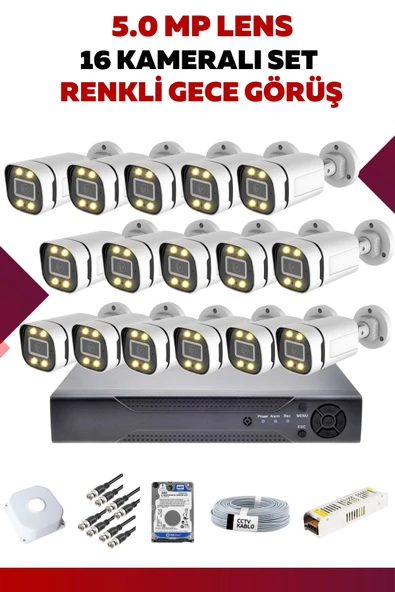 16 Kameralı Set - 5MP Sony Lensli Full Hd Renkli Gece Görüşlü Güvenlik Kamerası Sistemi RVCG9LZKR3