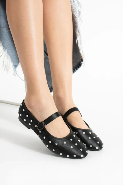 Günlük Kadın Babet Gümüş Taşlı Bantlı Tokalı Alçak Topuklu Yumuşak Rahat Ayakkabı K-128 - 3