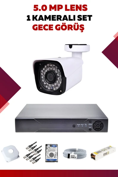 1 Kameralı Set - 5MP Sony Lensli Full Hd Gece Görüşlü Güvenlik Kamerası Sistemi - B4WIQY0OM5