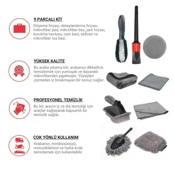 Coofbe Profesyonel 9 Parça Çizmez Mikrofiber Oto Yıkama Seti Jant Temizleme Fırçası Mikrofiber Bez Yıkama Eldiveni Set - 4