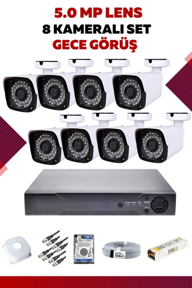 8 Kameralı Set - 5MP Sony Lensli Full Hd Gece Görüşlü Güvenlik Kamerası Sistemi - MM9QKVKSXX ürün görseli