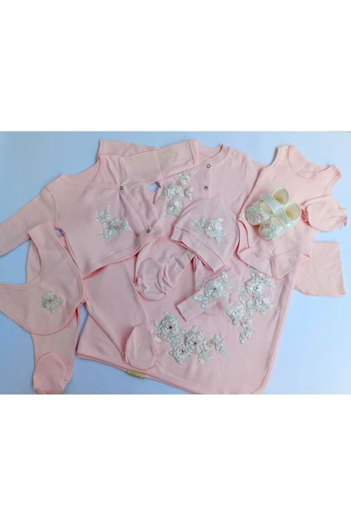 Bilge Trend KIZ BEBEK YENİ DOĞAN PEMBE İTHAL DANTEL İŞLEMELİ 11 PARÇA HASTANE ÇIKIŞI