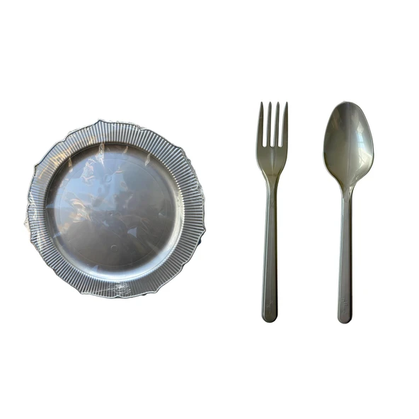 Omeyva Nişan Kına Piknik Gümüş Sorfa Seti - Sert Mika Plastik - 48 Kişilik Tabak Çatal Kaşık Takımı ürün görseli 1