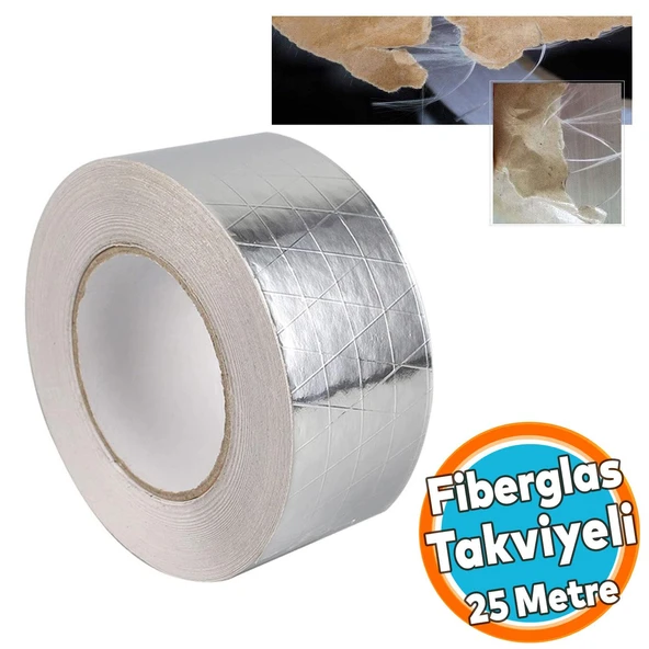 Yapışkanlı Fiberglas Lif Takviyeli Alüminyum Folyo Bant 45 mm x 25 Metre Yanmaz Soba Borusu Bandı ürün görseli