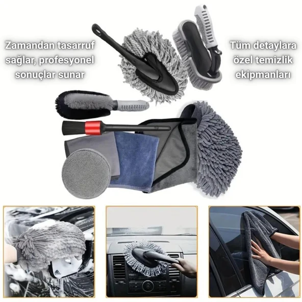 Coofbe Profesyonel 9 Parça Çizmez Mikrofiber Oto Yıkama Seti Jant Temizleme Fırçası Mikrofiber Bez Yıkama Eldiveni Set - 9