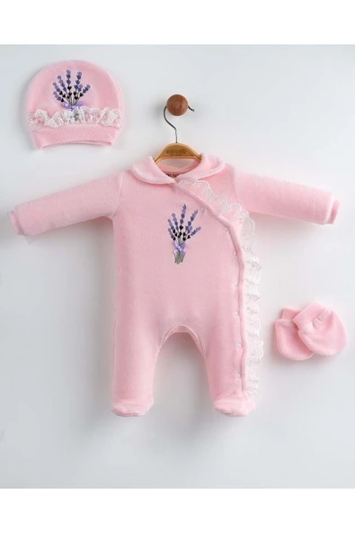 Bilge Trend Kız Bebek Yeni Doğan PEMBE LAVANTA NAKIŞLI 3 Parça Hastane Çıkışı Tulum Seti
