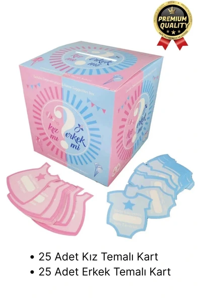 Özel Üretim Cinsiyet Partisi 50 Kart Eğlenceli Sürpriz Kız Mı Erkek Mi Oylama Tahmin Kutusu 19x19cm - 2