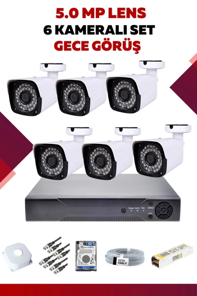 6 Kameralı Set - 5MP Sony Lensli Full Hd Gece Görüşlü Güvenlik Kamerası Sistemi - ROOFFZJNH2 - 1