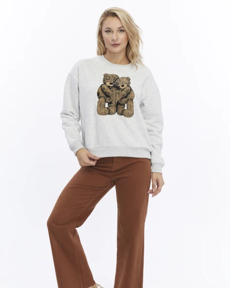 Kadife Ayıcıklar Desenli Gri Melanj Yumuşak Dokulu Regular Fit Bisiklet Yaka Kadın Sweatshirt - 2