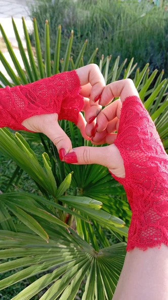 Kırmızı Dantel Eldiven,kostüm, Dans Eldiveni,düğün,fantezi Eldiven,kına Eldiveni,mezuniyet Eldiveni - 5