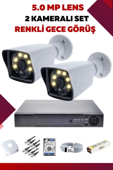 2 Kameralı Set - 5MP Sony Lensli Full Hd Renkli Gece Görüşlü Güvenlik Kamerası Sistemi - MMZSKTNSU7