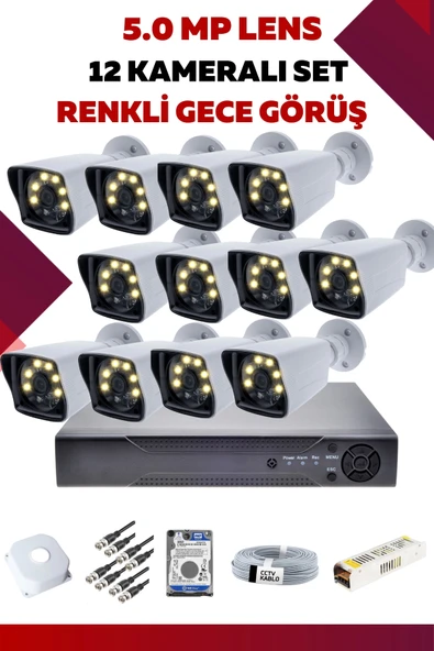 12 Kameralı Set - 5MP Sony Lensli Full Hd Renkli Gece Görüşlü Güvenlik Kamerası Sistemi - U8HRGFVAZQ - 1